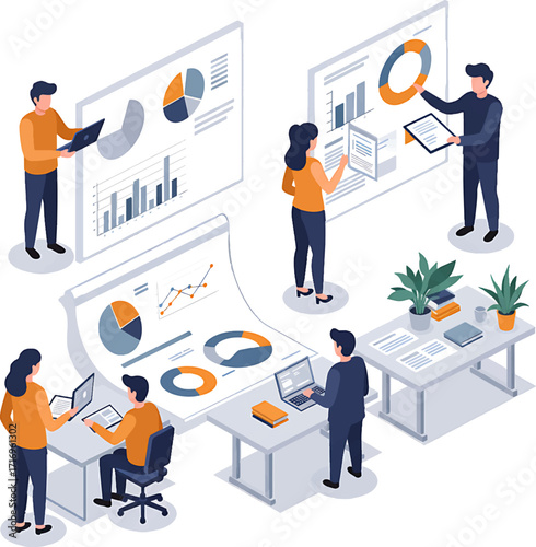 Isometric Illustration of Business Team Analyzing Data Charts.