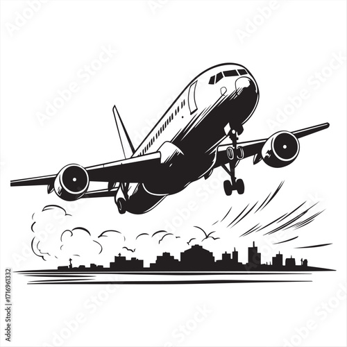 Airplane Taking Off Over Cityscape