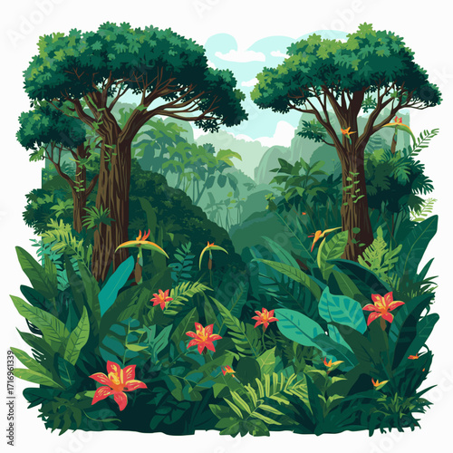 A vector illustration of a lush tropical forest with dense green foliage, tall trees, and exotic plants, using solid colors and a clean white background