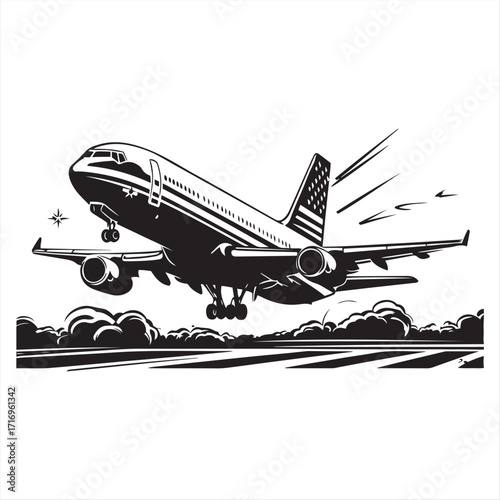 Airplane taking off with American flag