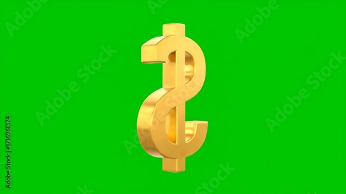 Dynamic 3D Golden Dollar Currency Symbol Spinning in a Seamless Loop on a Green Screen.