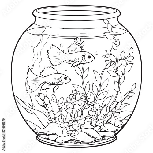 Fish Bowl with Two Fish and Aquatic Plants