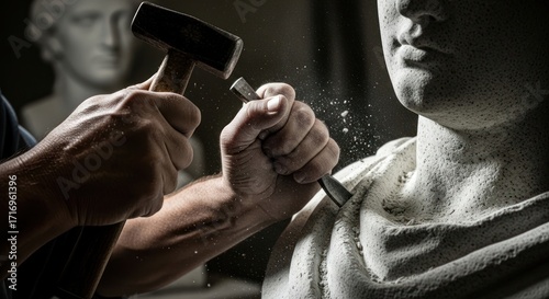 A sculptor's hands meticulously carve a marble bust with a hammer and chisel, dust flying.
