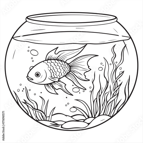 Goldfish in a Round Fishbowl with Aquatic Plants