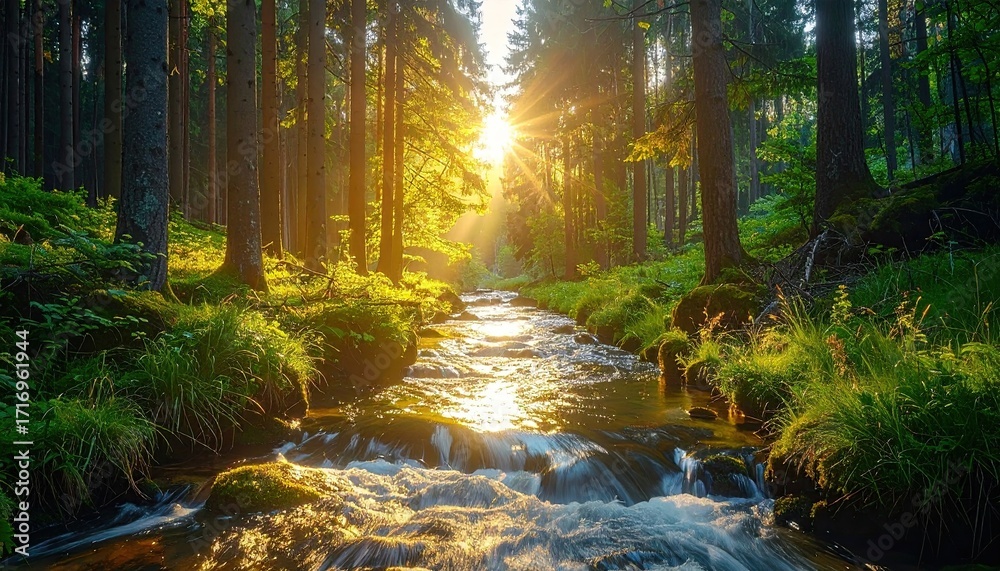 Obraz premium Sunlit Forest Stream Flowing Over Rocks With Mossy Banks and Vibrant Green Foliage Under a Dramatic Sky With a Cinematic HDR Effect