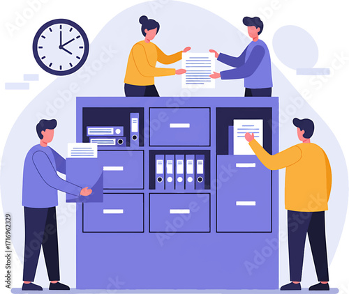Purple Filing Cabinet with Documents and Office Workers Illustration.