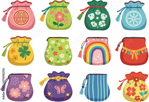 Colorful decorative drawstring pouches, traditional fabric bags, floral patterns, rainbow design, festive cultural accessories, handmade style, flat vector illustration