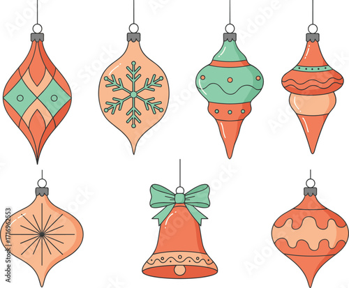 Retro Christmas ornaments vector set, vintage holiday baubles, festive hanging decorations, flat illustration, seasonal decor, bell and teardrop shapes