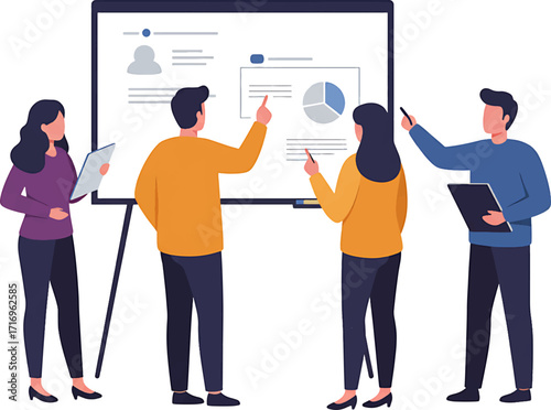 Four people in business attire presenting data on a whiteboard with charts.