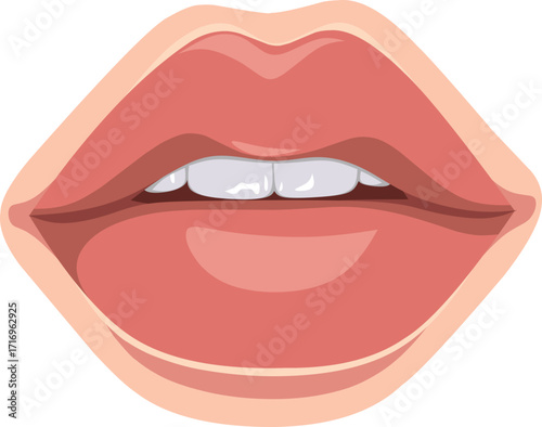 Close-up of pink lips, open showing teeth, with a slight smile