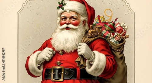 Festive Santa Claus Carrying Sack of Colorful Gift Boxes and Toys in Classic Holiday Illustration