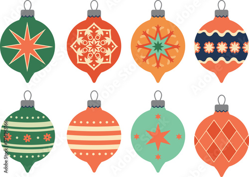 Flat retro Christmas ornaments vector set, vintage holiday baubles, mid century modern festive decoration, colorful geometric seasonal design illustration