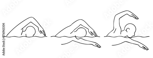 Minimalist black and white line art illustration of freestyle arm movement, swimmer shown in three sequential positions: arm entry, underwater pull, and recovery over water, faceless line style, clean
