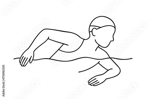 Minimalist black and white line art illustration of a swimmer practicing freestyle breathing, turning head to the side while one arm pulls underwater, faceless line drawing, step-by-step educational s