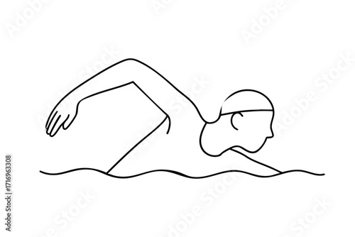 Minimalist black and white line art illustration of a swimmer practicing freestyle breathing, turning head to the side while one arm pulls underwater, faceless line drawing, step-by-step educational s