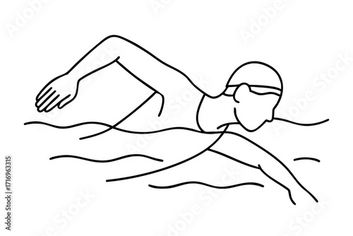 Minimalist black and white line art illustration of a swimmer practicing freestyle breathing, turning head to the side while one arm pulls underwater, faceless line drawing, step-by-step educational s