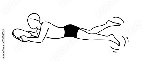 Minimalist black and white line art illustration of a swimmer holding a kickboard while practicing flutter kick for freestyle, legs moving up and down, simple faceless line drawing, clean educational 