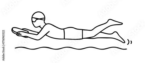 Minimalist black and white line art illustration of a swimmer holding a kickboard while practicing flutter kick for freestyle, legs moving up and down, simple faceless line drawing, clean educational 