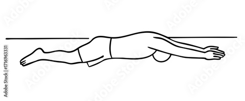 Minimalist black and white line art illustration of a beginner swimmer practicing freestyle basics, floating face down in water with arms extended forward, simple outline style, faceless, clear educat