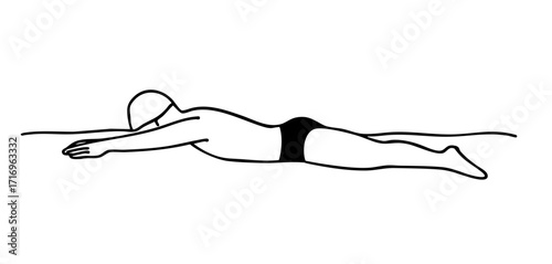 Minimalist black and white line art illustration of a beginner swimmer practicing freestyle basics, floating face down in water with arms extended forward, simple outline style, faceless, clear educat