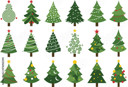 Collection of decorative Christmas trees, festive holiday pine illustrations, green fir ornaments, winter celebration icons, seasonal decoration set, vector design