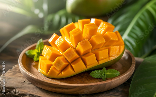 Fresh Juicy Mango Cubes on Wooden Plate with Mint Leaves