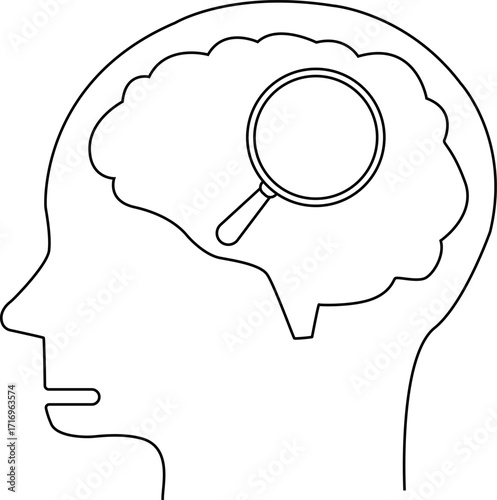 human head brain icon and magnifying glass icon with white background