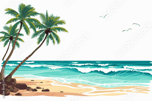 A vector illustration of a tropical beach with palm trees and ocean waves, using solid colors and a white background
