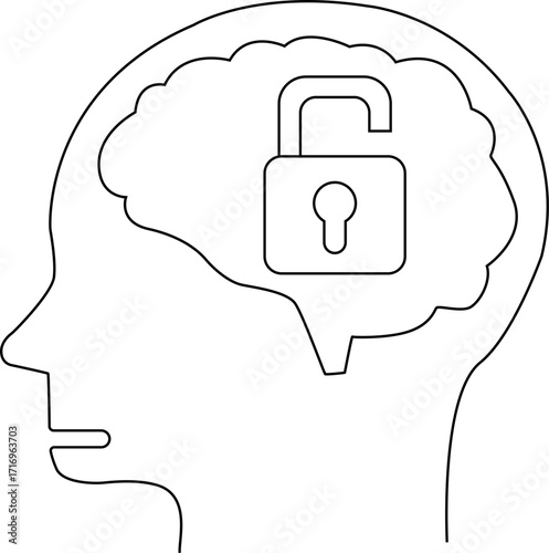 human head brain icon and open padlock icon with white background