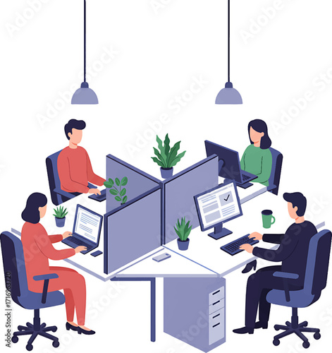 Four Colleagues Collaborating at Modern Shared Workstation.