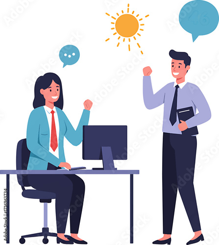 Cheerful Businesswoman at Desk with Computer Celebrating Success.