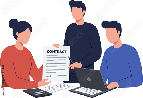 Businesspeople reviewing contract woman in red men in dark blue and royal blue holding document and laptop.