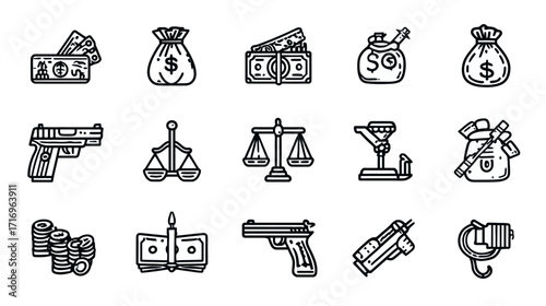 Money, Guns, Scales, Justice, Crime, Corruption.