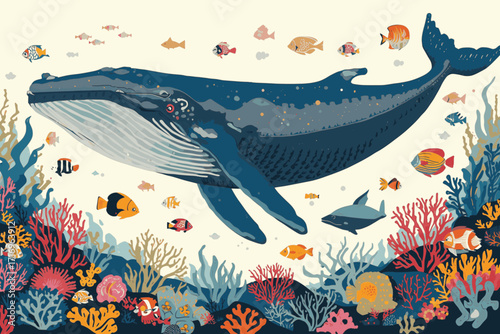 A vector illustration of a deep ocean scene with a giant whale and marine life, using solid colors and a white background