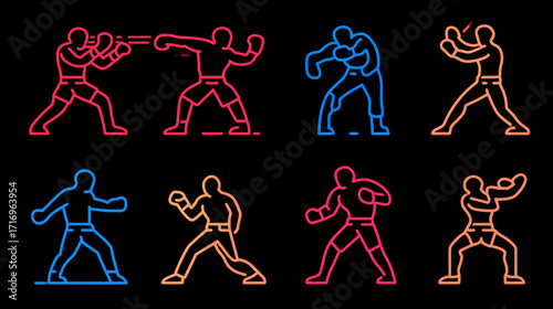 Neon Line Art Boxing Fighters Diverse Poses.