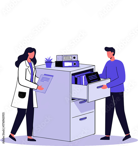 Two People Organizing Documents in a Filing Cabinet Illustration.