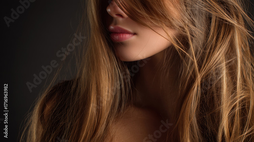 Long, flowing hair frames woman face, highlighting her delicate features and soft lips. image captures sense of mystery and beauty, with hair gently cascading over her shoulder