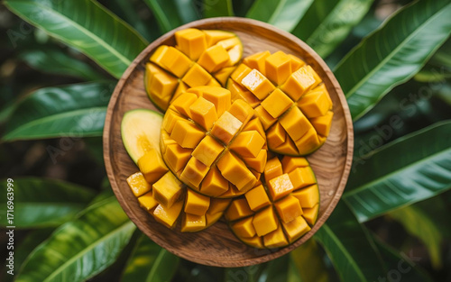 Fresh Ripe Mango Cubes Served on Wooden Plate with Green Leaves