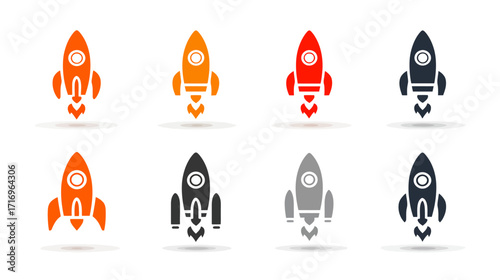 Set of eight rocket ship icons in various colors.