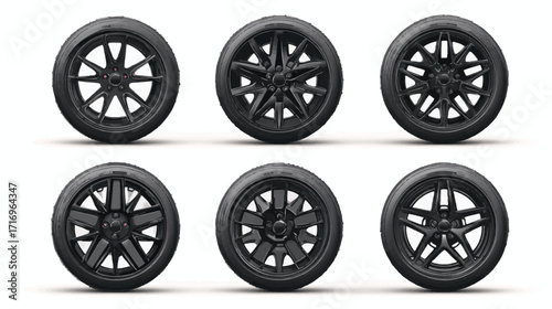 Six Black Car Wheels Different Designs.