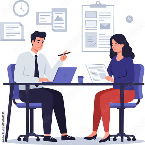 Two professionals collaborating at a desk with documents and a laptop.