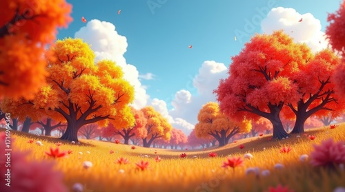 A vibrant autumn landscape showcases colorful trees, a field of tall grass, and a bright sky filled with puffy clouds.