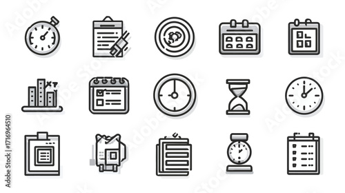 Time management icons set for business planning.