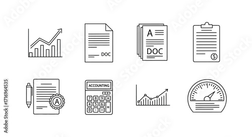 Collection of various business and financial icons, including charts, documents, and calculators.