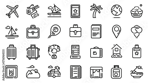 Travel icons suitcase passport plane boat globe.