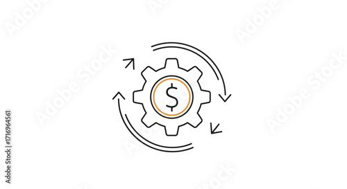 Circular arrows around a gear with a dollar sign.