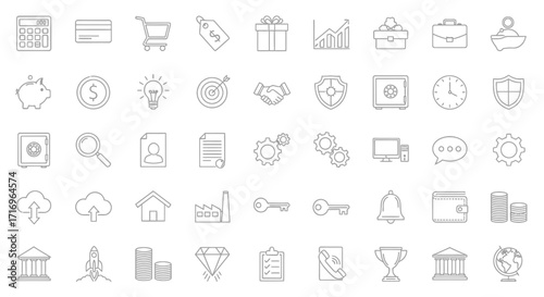 A comprehensive collection of business and finance-related line icons, featuring symbols for banking, investment, and commerce.