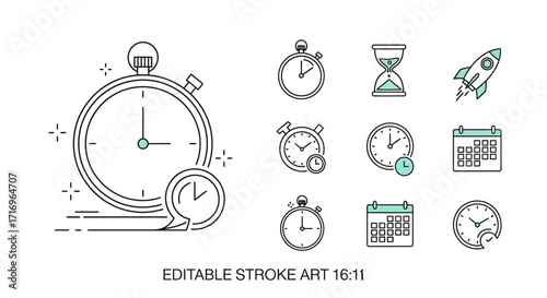 Collection of time-related icons, including clocks, calendars, and a rocket.