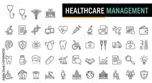 Healthcare management icons, various medical and administrative symbols.