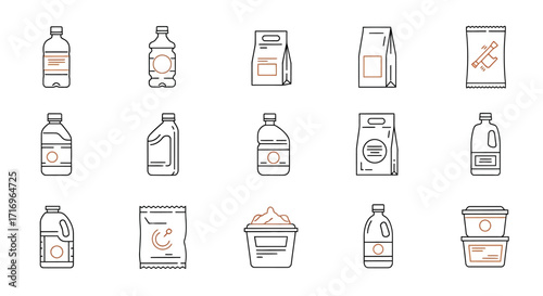 A collection of line art icons representing various types of consumer product packaging, including bottles, jugs, bags, and tubs.
